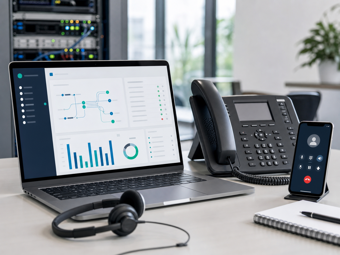 Imagine realistă cu laptop, telefon IP și softphone pentru administrarea unei centrale PBX virtuale integrate
